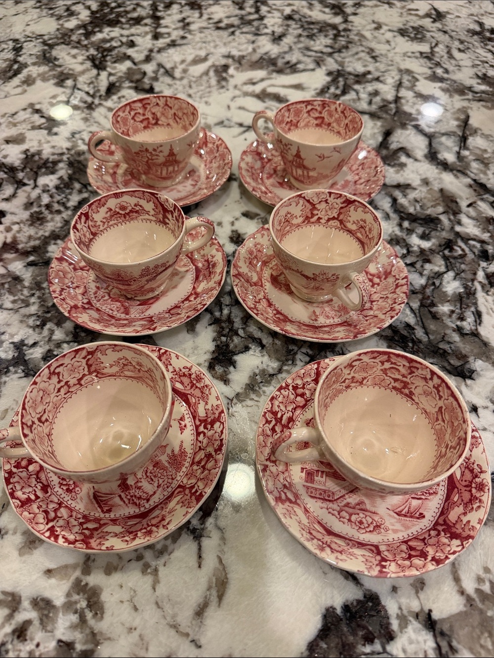Vintage Swinnertons Olde Alton Ware Tea Cup Saucer Set Red Pink set of 6/6